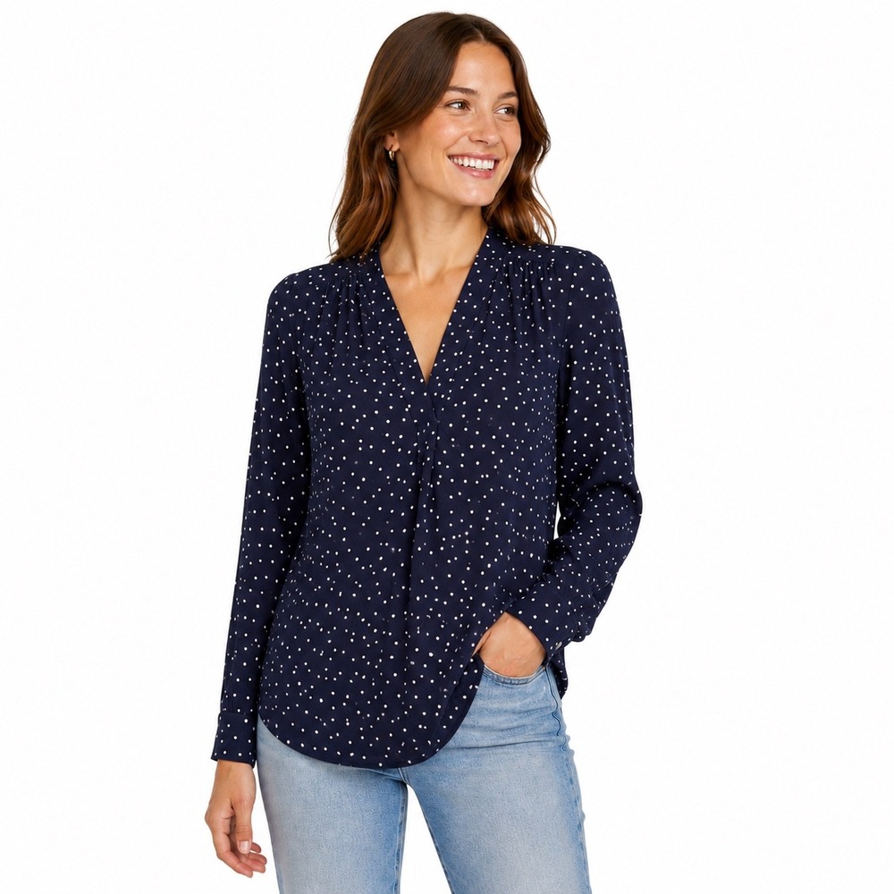 Gap V-Neck Tunic Women Size M Navy Blue Good Polka Dot Long Sleeve Blouse